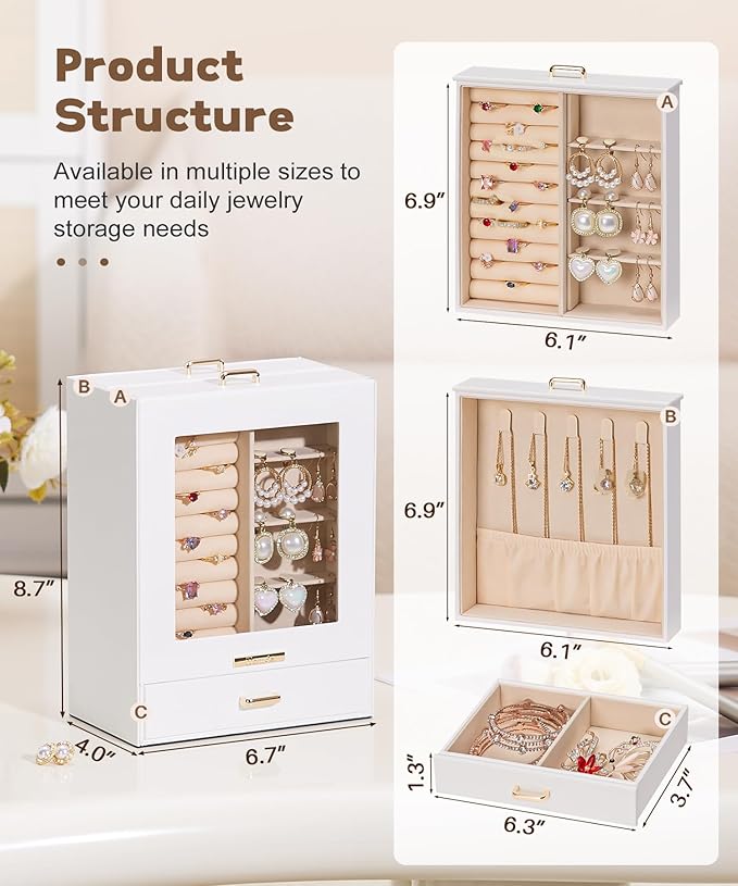 Homde Jewelry Organizer Girls Women Jewelry Box for Necklaces Rings Earrings Gift Bracelets Storage Case (White + Gold)