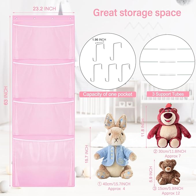 Woodoulogy Hanging Stuffed Animal Storage, Over Door Large Plush Toy Organizer with Metal Hook, Baby Accessory Holder Idea fo