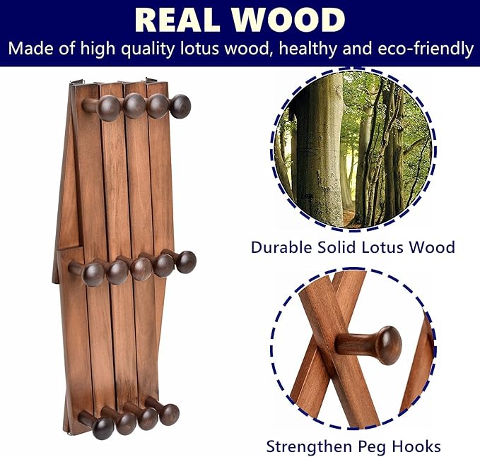 Amber Home Wood Accordion Wall Rack 13 Hooks (Pegs), Expandable Wall Mounted Hanger for Coat, Hat, Scarf, Coffee Mugs, X Shap