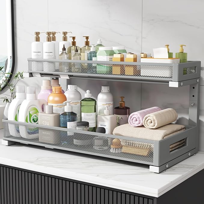 1 Pack 20.47IN Depth Under Sink Storage Organizer, Large 2-Tier Elegant Mesh Pull Out Shelf for Kitchen and Bathroom Cabinet 