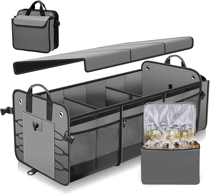 Large Trunk Organizer with Removable Cooler Bag-Collapsible Durable Multi Compartments w/ Foldable Cover, Non Slip Bottom Car