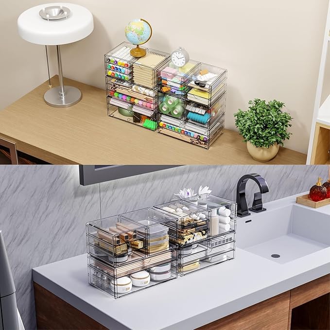 Yieach 3Pack Clear Drawer Organizers Stackable,Acrylic Storage Drawers With 10 Drawers,Multipurpose Office Supply Organizer a
