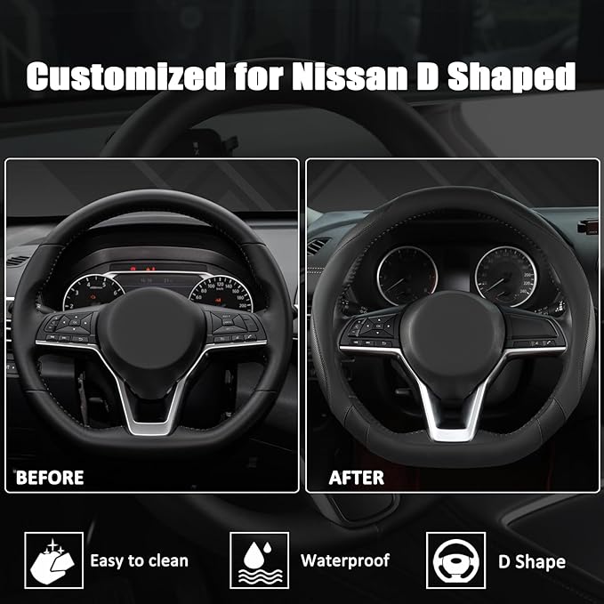 West Llama Flat Bottom Car Steering Wheel Cover for Nissan,D Shaped Steering Wheel Cover for Rogue,Altima,Kicks (Black-Standa
