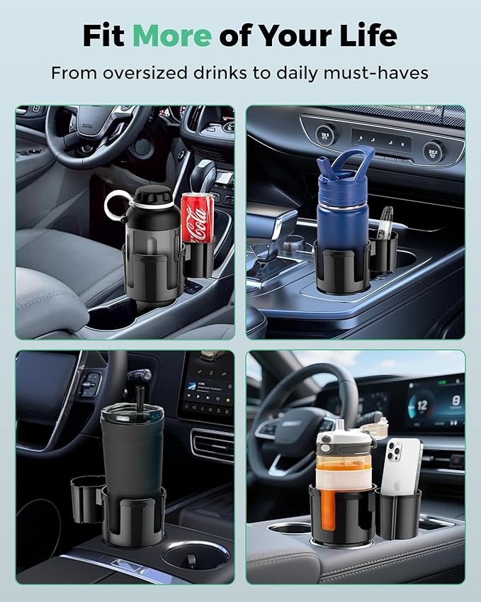 Basix by iOttie Adjustable Dual Cup Holder for Car with Expandable Base, Oversized Main Compartment, Removable Second Cup or Phone Holder Attachment, Fits Most Vehicles