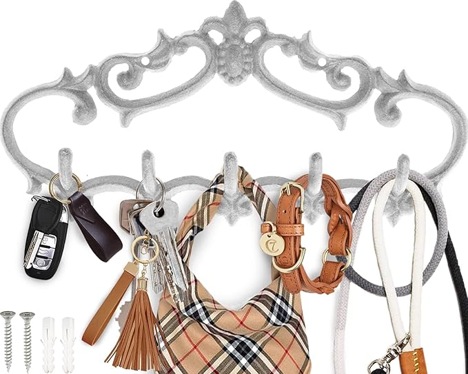 Comfify Cast Iron Wall Hanger – Rustic Design with 5 Hooks – Heavy Duty Metal Organizer for Keys, Towels, Robes, and Clothes 