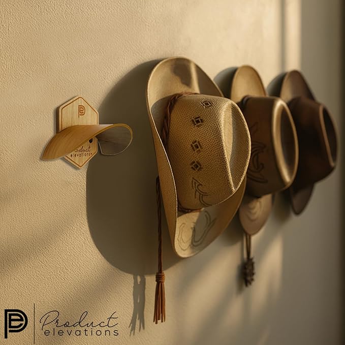 Hat Hooks for Wall Set of 2 – Cowboy Hat Hanger for Fedoras, Caps & Wide Brim Hats – Wooden Curved Rack Preserve Hat Shape – 