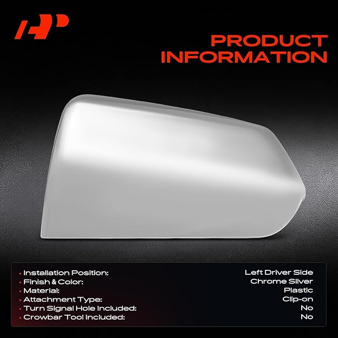 A-Premium Driver Side Rearview Mirror Cover Cap - Compatible with Chevrolet Tahoe Suburban & GMC Yukon XL & Cadillac Escalade, 2021 2022 2023 2024 - Chrome, Without Turn Signal Hole