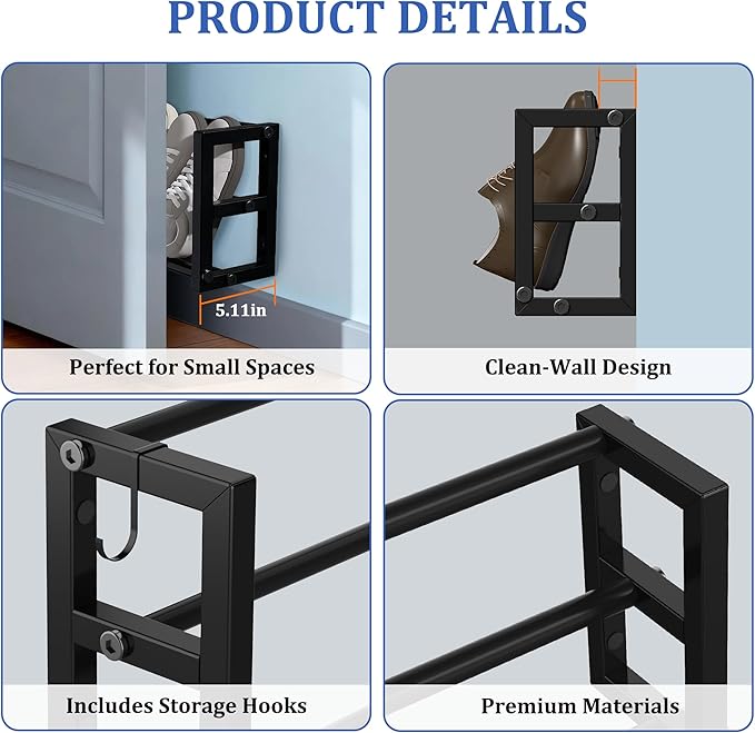 4 Pack Narrow Wall Mounted Shoe Rack for Small Spaces, Hanging Shoe Rack Holds 16 Pairs, 17"-30"Adjustable Heavy Duty Wall Sh