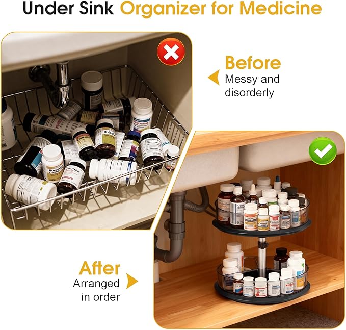 2 Tier Medicine Cabinet Organizer, Rotary Turntable Organizer for Medicine and Vitamin Bottles, Under Sink Organizer for Medi