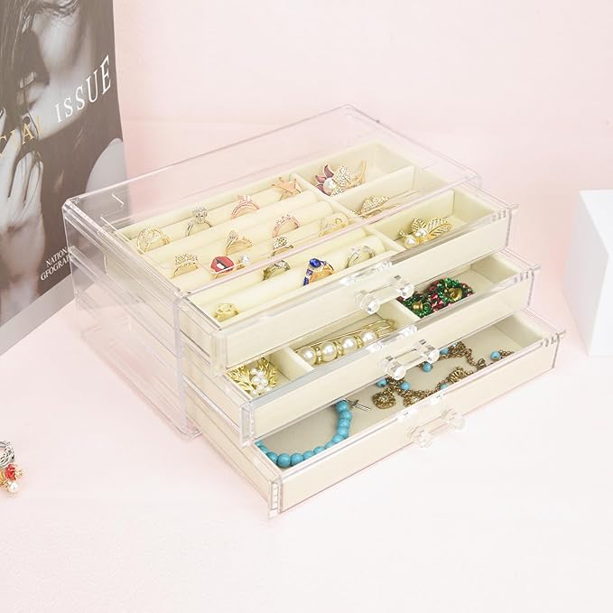 Weiai Acrylic Jewelry Box 3 Drawers, Velvet Jewellery Organizer, Earring Rings Necklaces Bracelets Display Case Gift for Wome