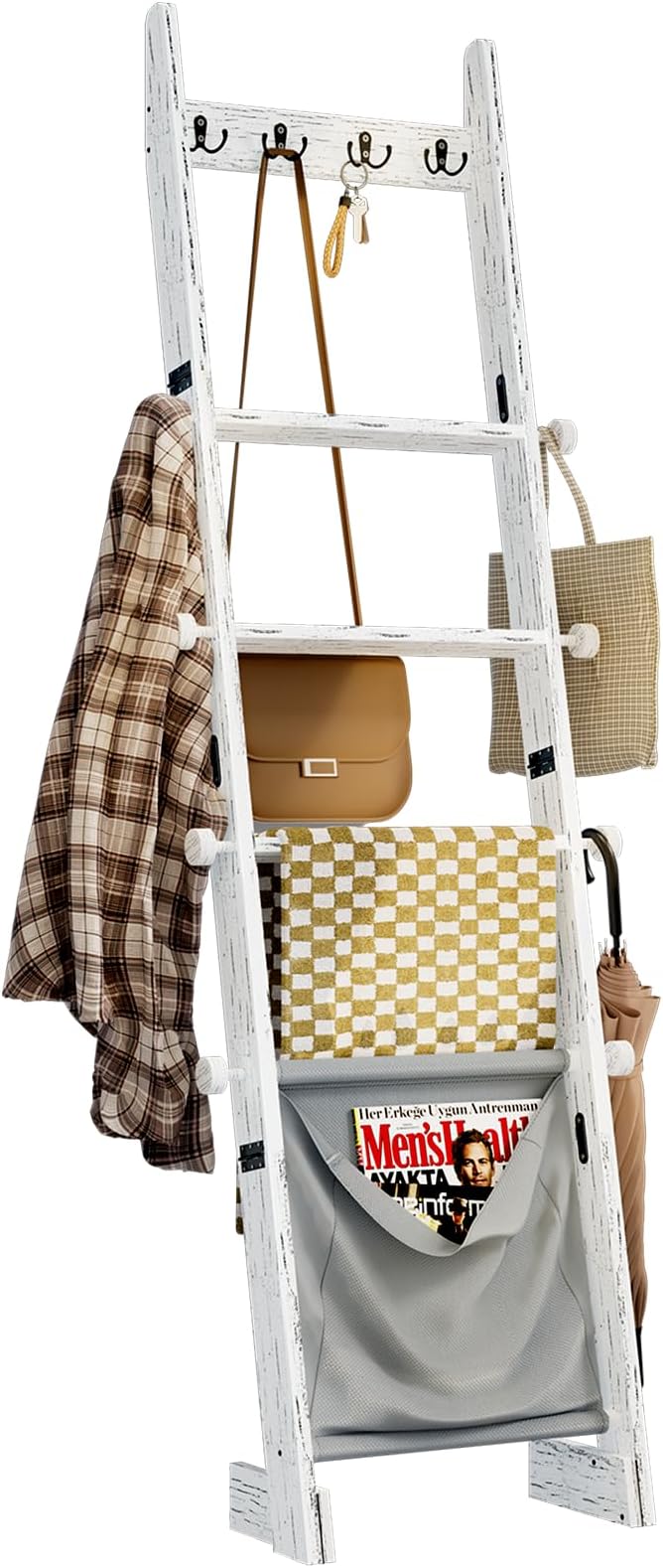 REFGY Blanket Ladder for Living Room, 5-Tier Wooden Blanket Ladder, 5.3Ft Wall Leaning Quilt Ladder for Bedroom, Rustic Decor