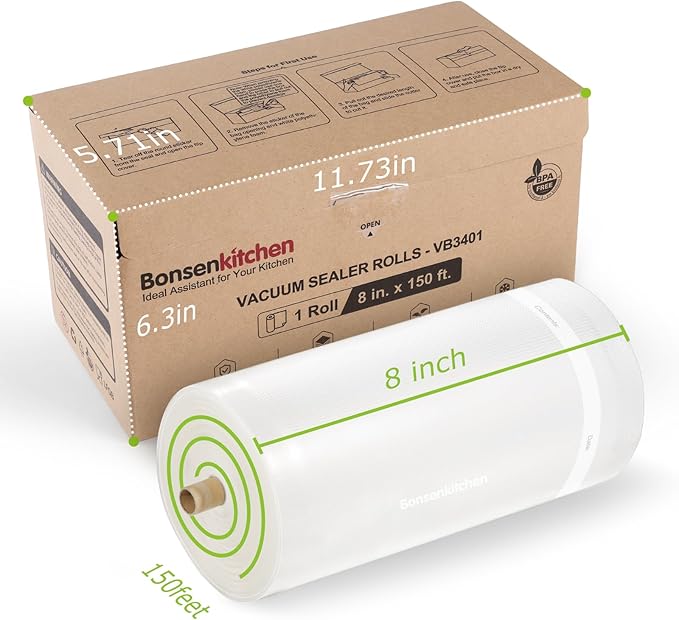 [2025 New] Bonsenkitchen 8” x 150’ Vacuum Sealer Bags Rolls with Cutter for Food Storage, Commercial Grade, BPA Free, Great f
