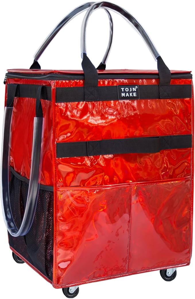 Reusable Grocery Bag On Wheels (Medium, Glitter Red), Shopping Trolley, Rolling Tote with 8 Pockets and Zipper Cover, Foldable, Heavy Duty Handles, Carries Up to 66 LBS