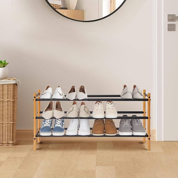 STORAGE MANIAC Expandable Shoe Rack, 16 Pairs Stackable Small Shoe Rack, Metal Adjustable Shoes Organizer for Closet, Entrywa