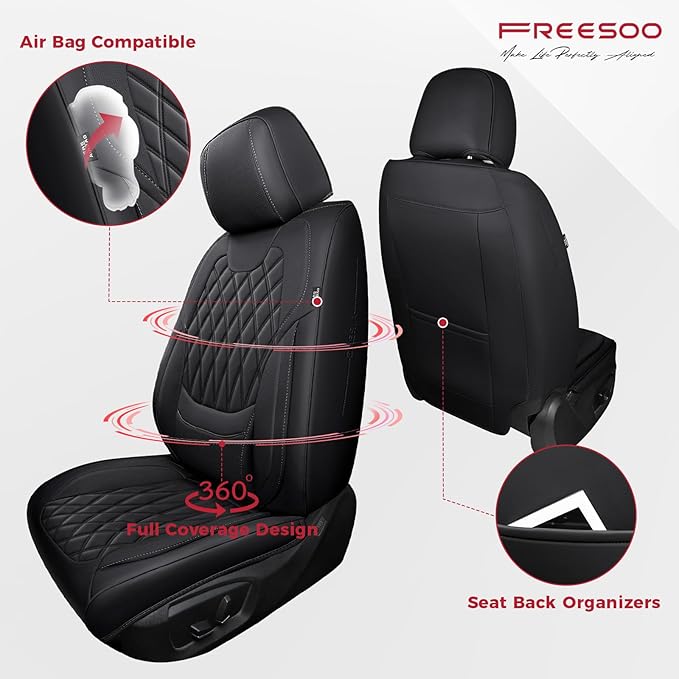 FREESOO Car Seat Covers Front Seats - Luxury Breathable Waterproof Faux Leather Car Seat Cover Protectors with Lumbar Support