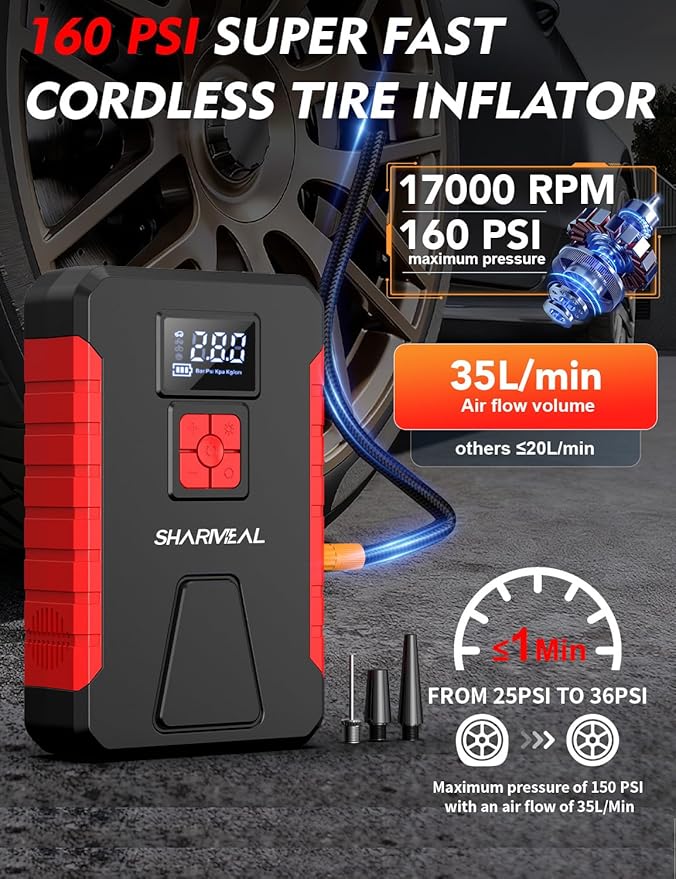 Sharmeal Jump Starter with Air Compressor, 5000A 160PSI Car Jump Starter Battery Pack (10.0L Gas/9.0L Diesel), Battery