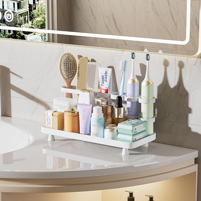 YOOLENS Electric Toothbrush Holder for Bathroom Countertop 5 Metal Slots Toothpaste Razor Mouthwash Organizer, White