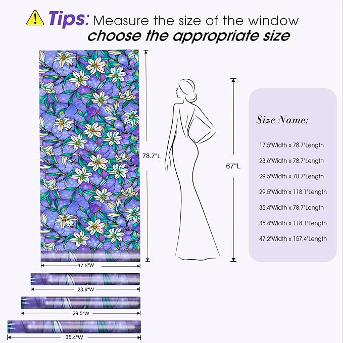 Coavas Static Cling Privacy Window Film, 96% UV & Heat Blocking, Stained Glass Window Film Floral Design, Non-Adhesive, for Bathroom, Front Door, Shower Enclosure‌ (Vinyl, 17.5" X 78.7 ")
