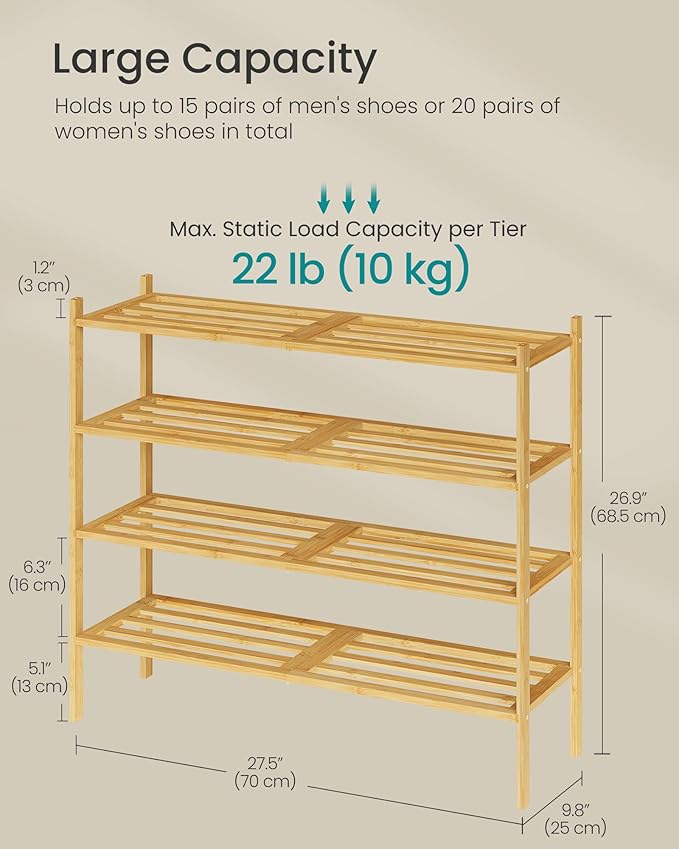 SONGMICS Bamboo Shoe Rack for Closet, Stackable Shoe Oragnizer with Modular Structure, Space-Saving Free Standing Shelf for E