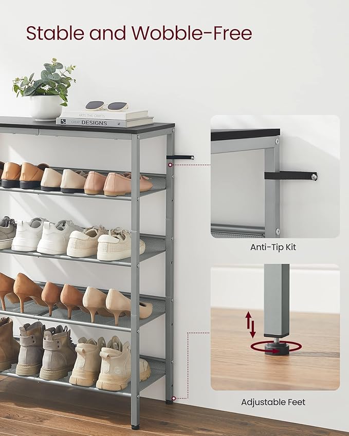 VASAGLE Shoe Rack for Entryway, 5-Tier Shoe Rack Organizer with Storage Shelves and Spacious Top, Freestanding, Adjustable, I