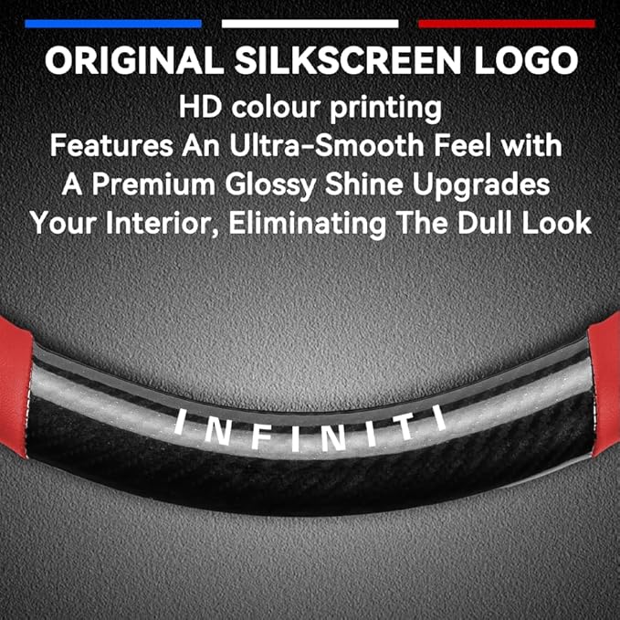 Customized Steering Wheel Cover Compatible with Infiniti, Premium Nappa Leather&Bright Carbon Fiber Texture Steering Wheel Cover, with Coasters and 3-in-1 USB Fast Charging Cable (Red)
