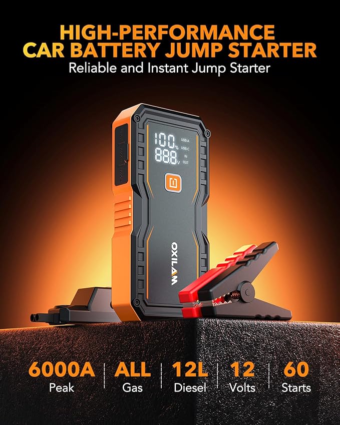 OXILAM Jump Starter 6000A for All Gas/12L Diesel, Car Battery Jumper Starter Portable, 12V Lithium Jump Box with Jumper