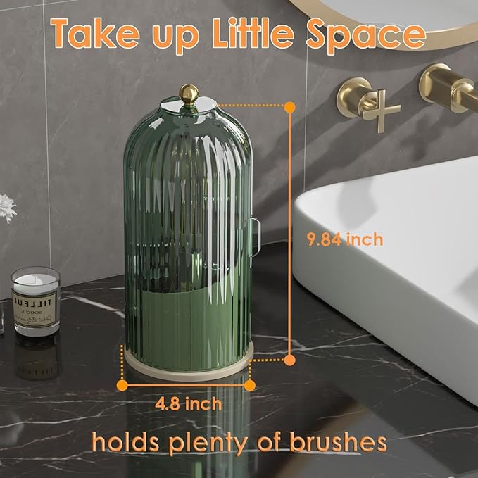 YOOLENS Makeup Brush Holder with Lid 360 Rotating Clear Dustproof Make Up Organizers for Vanity Bathroom Countertop, Green Be