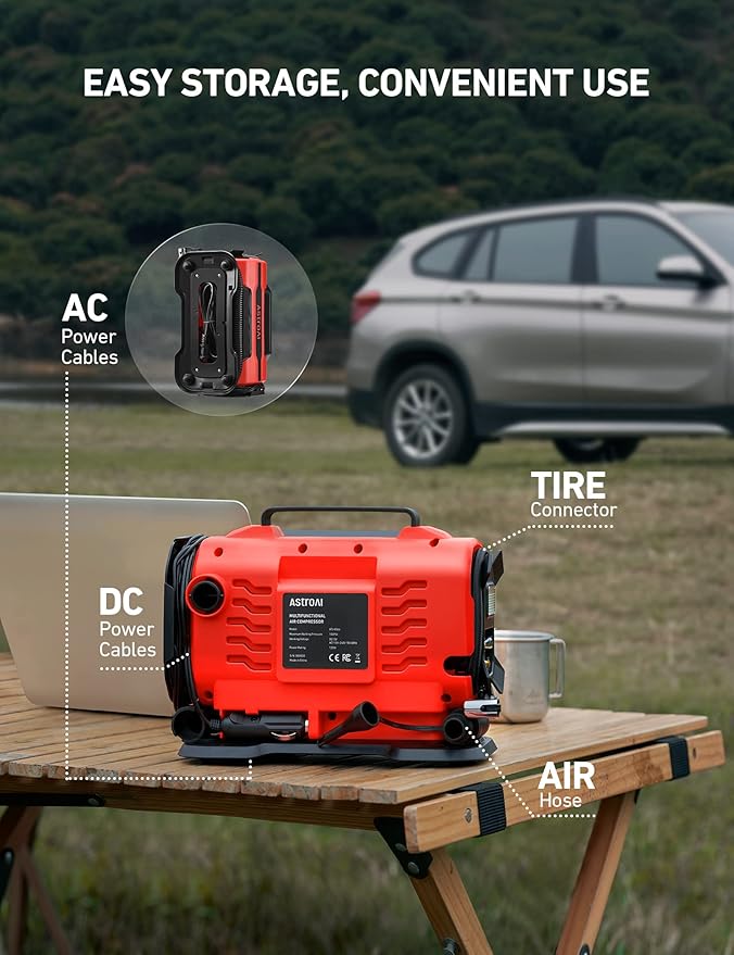 AstroAI Tire Inflator Portable Air Compressor Pump 150PSI 12V DC/110V AC with Dual Metal Motors&LED Light, Automotive Car Accessories&Two Modes for Car, Bicycle Tires and Air Mattresses, Red