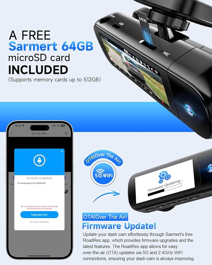 SARMERT 4K 3 Channel Dash Cam, Dash Cam Front and Rear C3, Free 64GB Card, 4K+1080P+1080P Dashcam, G-Sensor, WDR, APP, 5G WiF