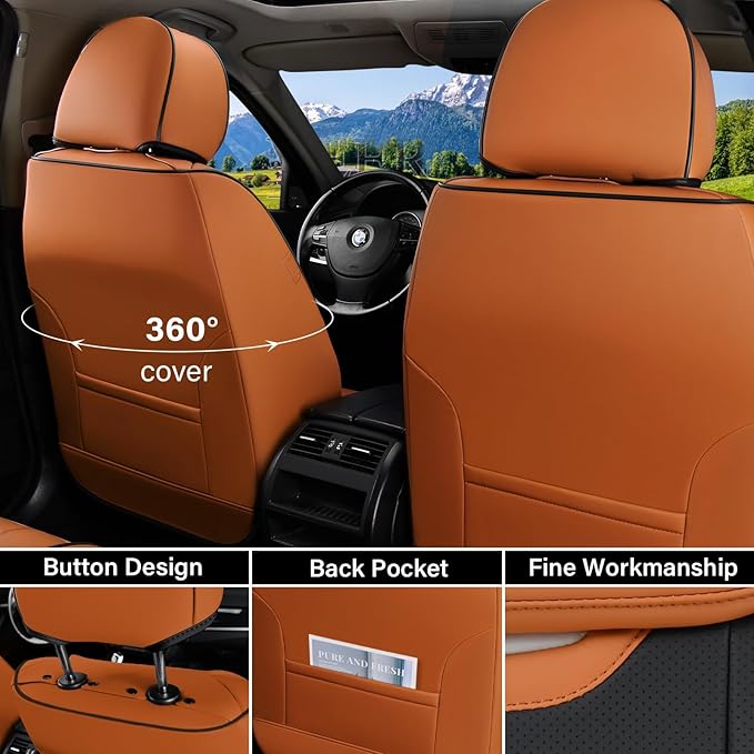 Coverado Car Seat Covers Full Set, Breathable Nappa Leather Seat Covers for Cars, Automotive Seat Covers, Waterproof Front an