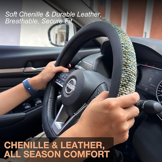 PINCTROT D Shaped Chenille Leather Steering Wheel Cover, Soft Mottled Colors, Sweat-Proof, Non-Slip Grip, All-Season Comfort,
