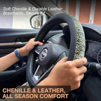PINCTROT D Shaped Chenille Leather Steering Wheel Cover, Soft Mottled Colors, Sweat-Proof, Non-Slip Grip, All-Season Comfort,