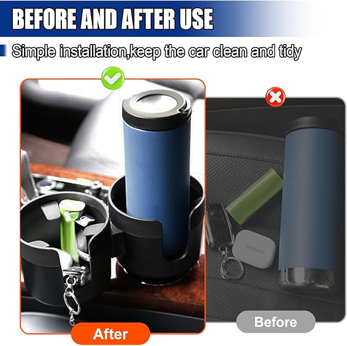 Car Double Cup Holder Extender, Multifunctional 2-in-1 Auto Drink Holder Insert with Adjustable Base, Portable Cup Holders Adapter, Universal Car Beverage Organizer for Bottle, Snack (Black)