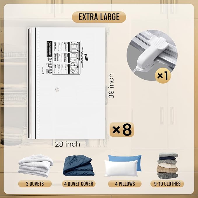 TAILI 8 Pack Vacuum Storage Bags, Jumbo Size 39x28 inch, LONG SIDE ZIP Vacuum Seal Bags for Beddings, Extra Large Storage Spa
