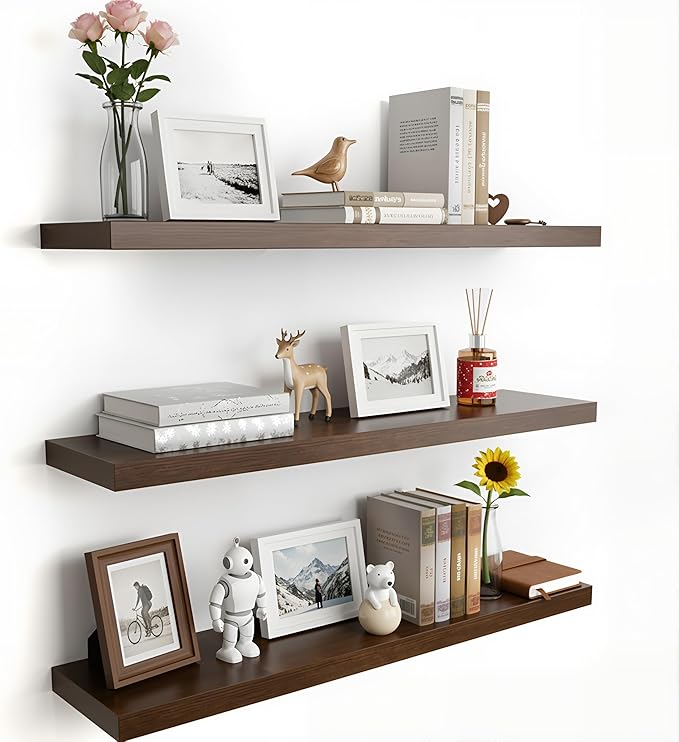 Floating Shelves for Wall, 23.6 inch Long Set of 3 Wood Rustic Wall Mounted Shelves, Display Shelf with Invisible Heavy, Larg