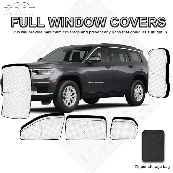 KMF 8pcs Thicken Sun Shades for Jeep Grand Cherokee L(Three-Row) 2021-2025 Accessories (NOT for Grand Cherokee&Cherokee),Full Car Window Covers for Windshield Side Rear, UV Block and Blackout Camping