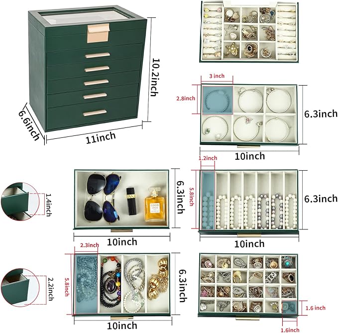 BOOVO Jewelry Box for Women, Green 6 Layer Large Jewelry Organizer with Glass Lid for Necklace, Bracelet, Earrings Storage, J