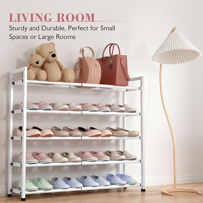 Bumusty 5-Tier Expandable Shoe Rack for Closet, 18“-33” Adjustable Shoe Rack for Small Space, Small Shoe Organizer for Front 