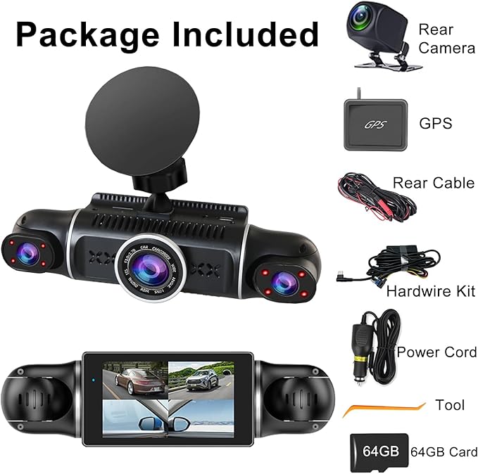 4 Channel Dash Cam Front and Rear Inside Back 360° FHD 2K Dash Camera for Cars, WiFi, GPS, G-Sensor, WDR 24/7 Parking Mode, 1
