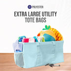 Extra Large Utility Tote Bag - Oversized Collapsible Reusable Wire Frame Rectangular Canvas Basket With Two Exterior Pockets For Beach, Pool, Laundry, Car Trunk, Storage - Light Blue