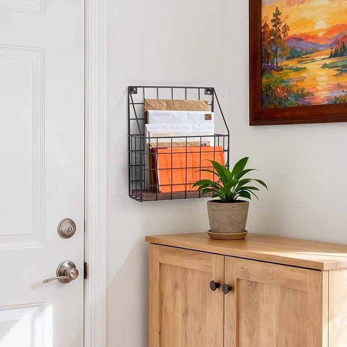Mail Holder Magazine Basket - 1 Pack Black Wall Mount File Organizer Rack of Wooden Style with Adhesive Mounting - Metal Wire