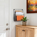 Mail Holder Magazine Basket - 1 Pack Black Wall Mount File Organizer Rack of Wooden Style with Adhesive Mounting - Metal Wire