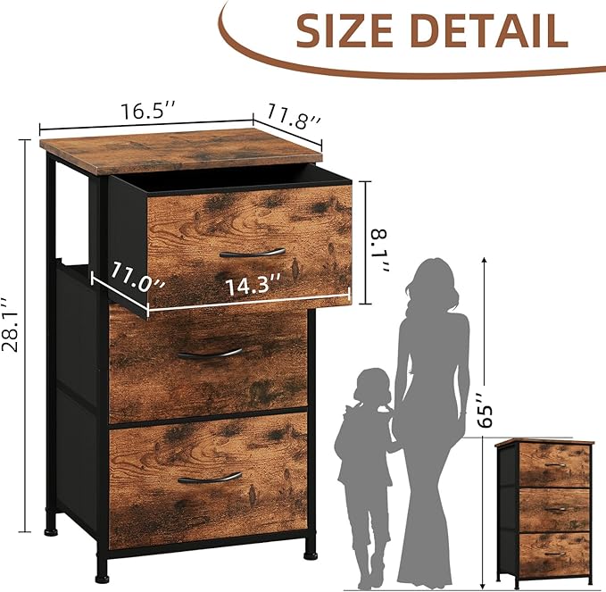 Somdot Dresser for Bedroom with 3 Drawers, Storage Organizer Chest of Drawers with Removable Fabric Bins for Closet Bedside L