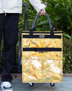 Reusable Grocery Bag On Wheels (Medium, Glitter Gold), Shopping Trolley, Rolling Tote with 8 Pockets and Zipper Cover, Foldable, Heavy Duty Handles, Carries Up to 66 LBS
