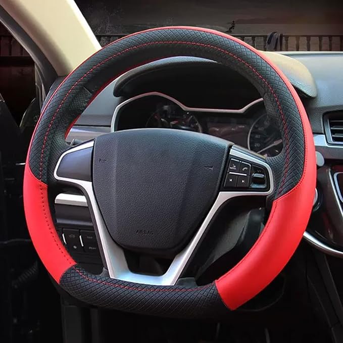 D Shape Car Steering Wheel Cover, Universal 15 inch Stitching Color Anti-Slip Steering Wheel Protector, Black and Red Sports 