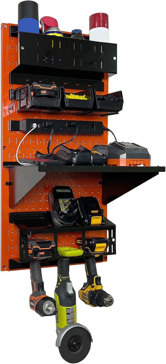 Wall Control Power Tool Storage Organizer Kit Cordless Drill Holder Charging Station Rack 16” x 32” Metal Pegboard Organizati