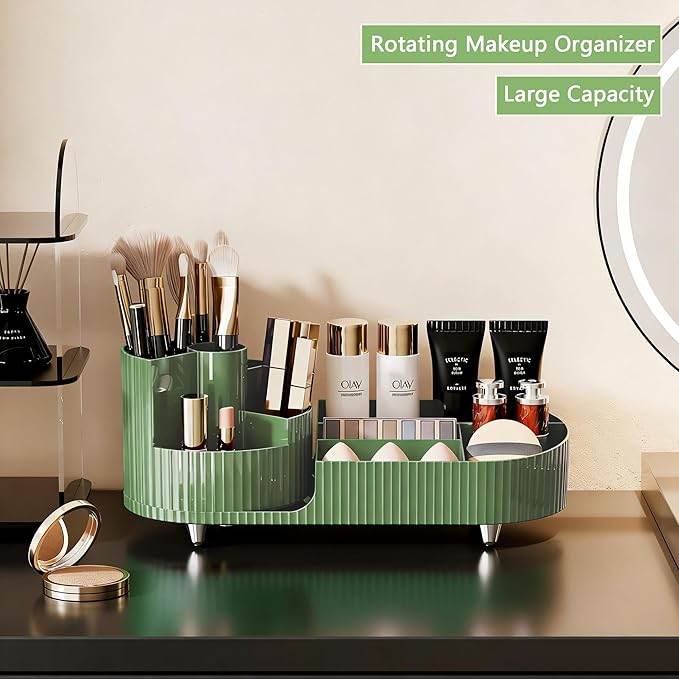 Rotating Makeup Organizer for Vanity with Brush Holder, Cosmetic Makeup Storage Organizer, Large Spinning Makeup Skincare Org