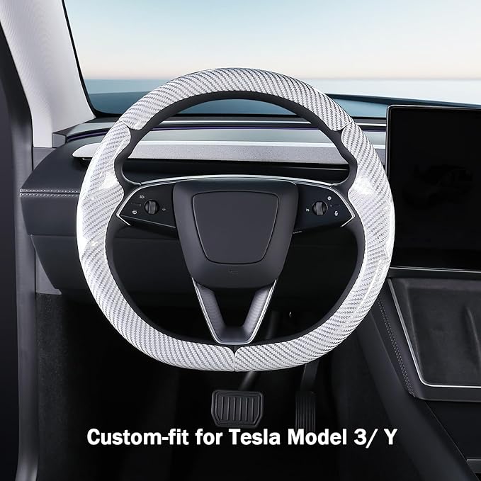 Steering Wheel Cover for Tesla Model 3 2024-Present Highland/Tesla Model Y Juniper 2025-Present, Carbon Fiber Steering Wheel Cover for Tesla Model 3 Highland/Y Juniper Accessories, Glossy White