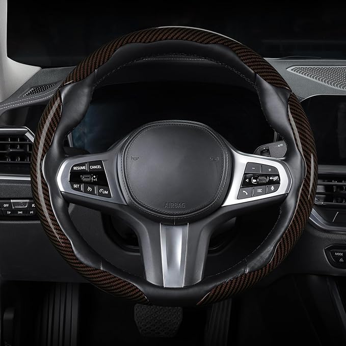 Carbon Fiber Steering Wheel Cover, Snap on Car Steering Wheel Cover Set Accessories 3pcs Wrap Grip Non Slip Protector Universal Glossy Brown
