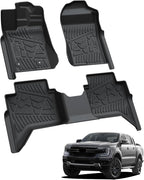 LASFIT Floor Mats for Ford Ranger 2026 2025 2024 SuperCrew Cab All Weather Truck Protector TPE Carpeted Floor Liners, Front and Rear Row, 3pc Black